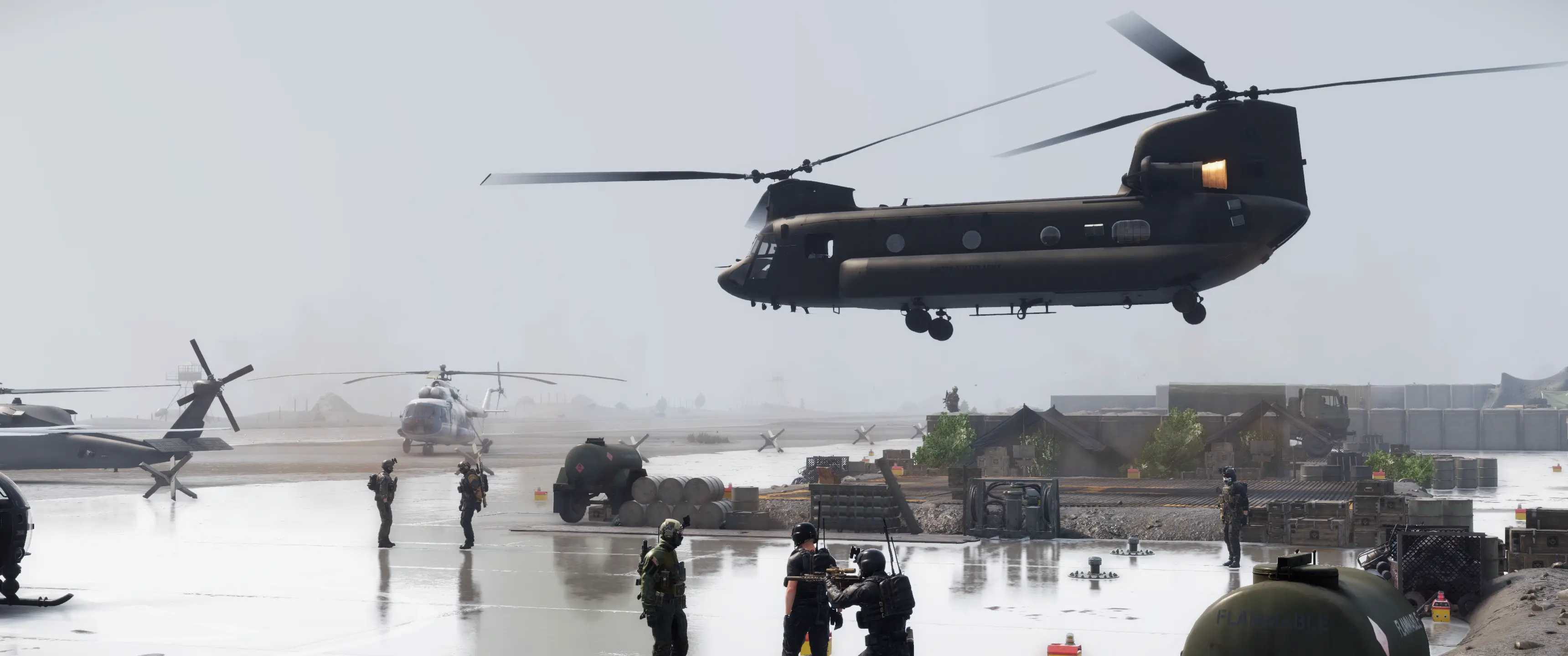 GTG-Spieler und Transporthubschrauber auf einem Flugfeld in Arma Reforger